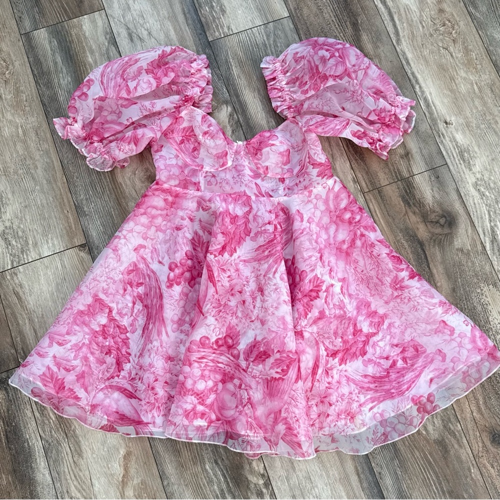 Selkie Pink Floral Toile Puff Dress